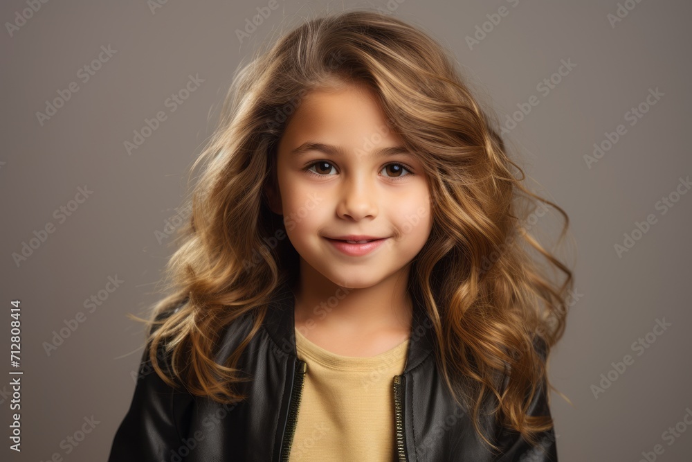 Portrait of a cute little girl in a black leather jacket. Portrait of a cute little girl in a black leather jacket.
