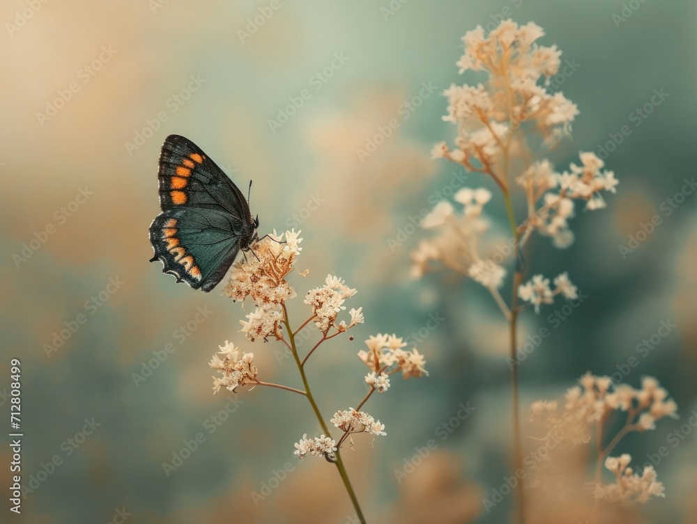 Graceful Butterfly on Delicate White Flowers Against a Dreamy Blue Background
