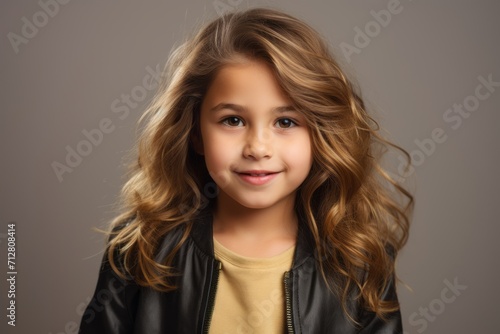 Portrait of a cute little girl in a black leather jacket.