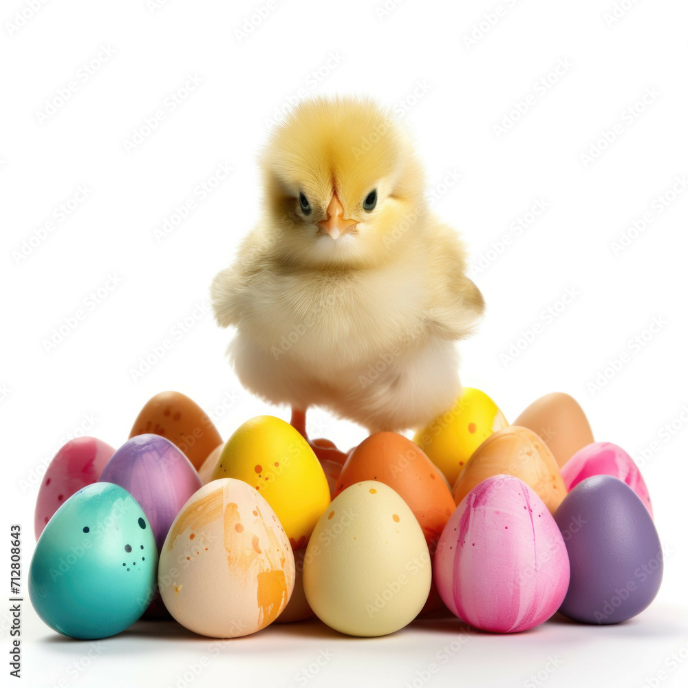Easter Chick with colorful easter eggs, isolated on white background