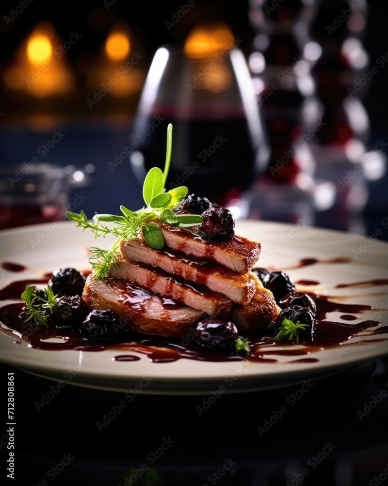 An artistic food shot that captures the elegance of fine dining, showcasing a seared duck drizzled with a glossy cherry and port wine reduction, creating a harmonious blend of richness and - obrazy, fototapety, plakaty 
