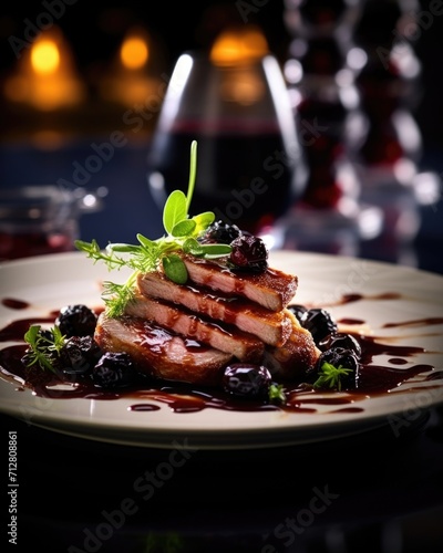An artistic food shot that captures the elegance of fine dining, showcasing a seared duck drizzled with a glossy cherry and port wine reduction, creating a harmonious blend of richness and