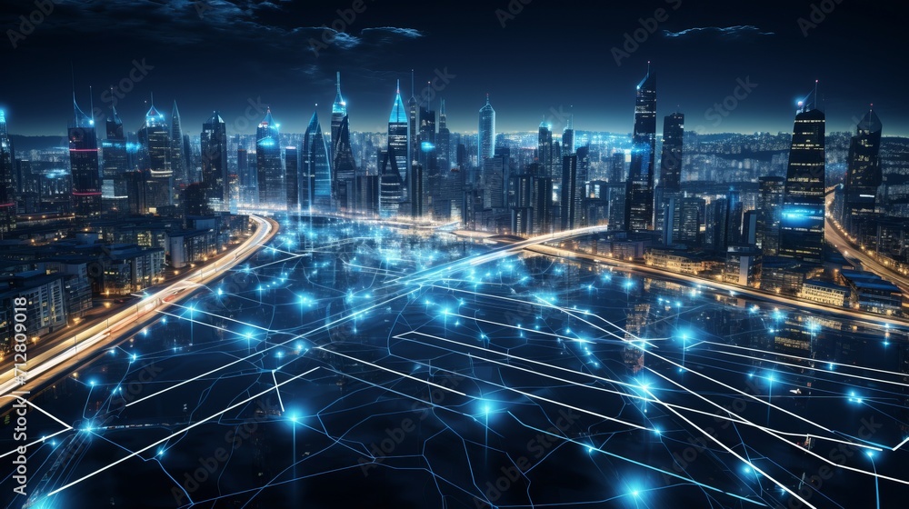 Naklejka premium Sprawling green community with digital smart city infrastructure and rapid data network