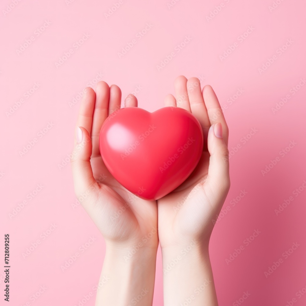 Heart in hands on a pink background. Valentines day concept. world heart day, Copy space. Generative AI. Heart in hands on a pink background. Valentines day concept. world heart day, Copy space. Generative AI.