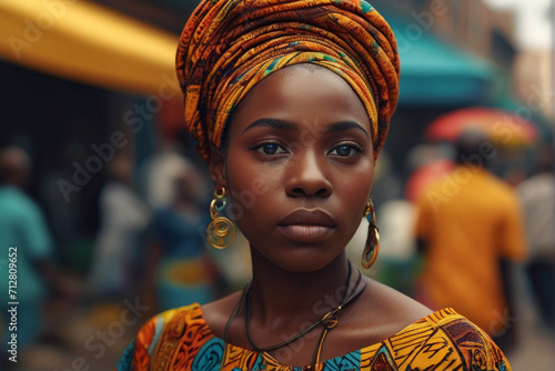 Captivating 26-year-old Nigerian beauty  adorned in vibrant traditional attire  mesmerizing dark-eyed allure  amidst a bustling  colorful marketplace. Shot with a dynamic 50mm lens.