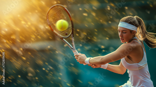 Tennis woman player hitting a forehand shot. Ball in the air, racket reaching out, powerful sport moment with copy space. © JW Studio