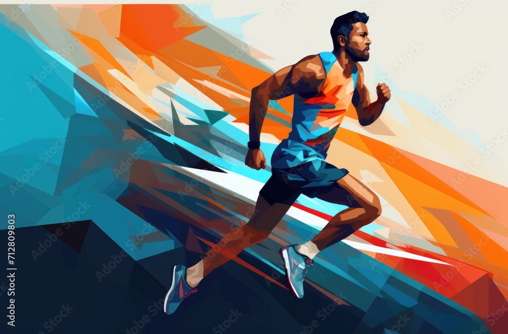 a man, a runner, runs across a colorful background, in the style of dynamic geometric, innovating techniques