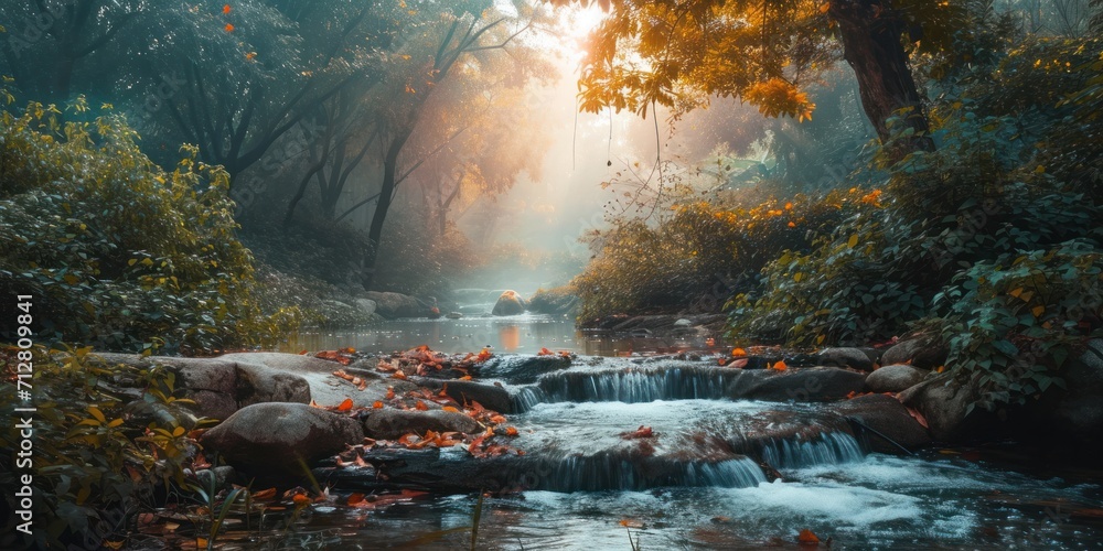 Magical Forest Stream with Cascading Waterfall and Autumn Leaves