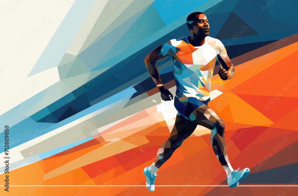 a man, a runner, runs across a colorful background, in the style of dynamic geometric, innovating techniques a man, a runner, runs across a colorful background, in the style of dynamic geometric, innovating techniques