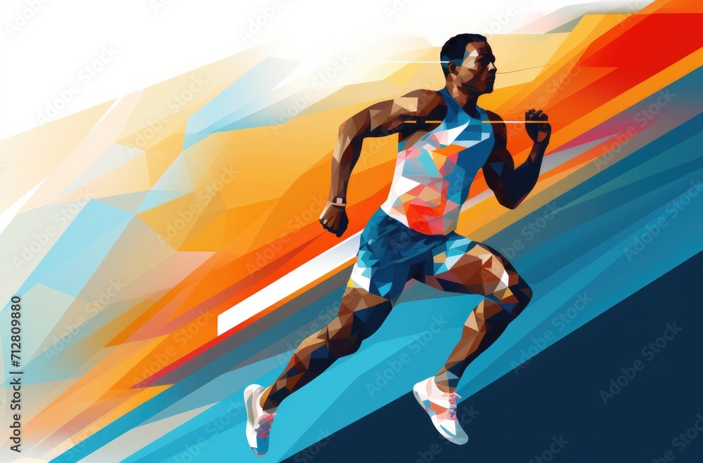 a man, a runner, runs across a colorful background, in the style of dynamic geometric, innovating techniques