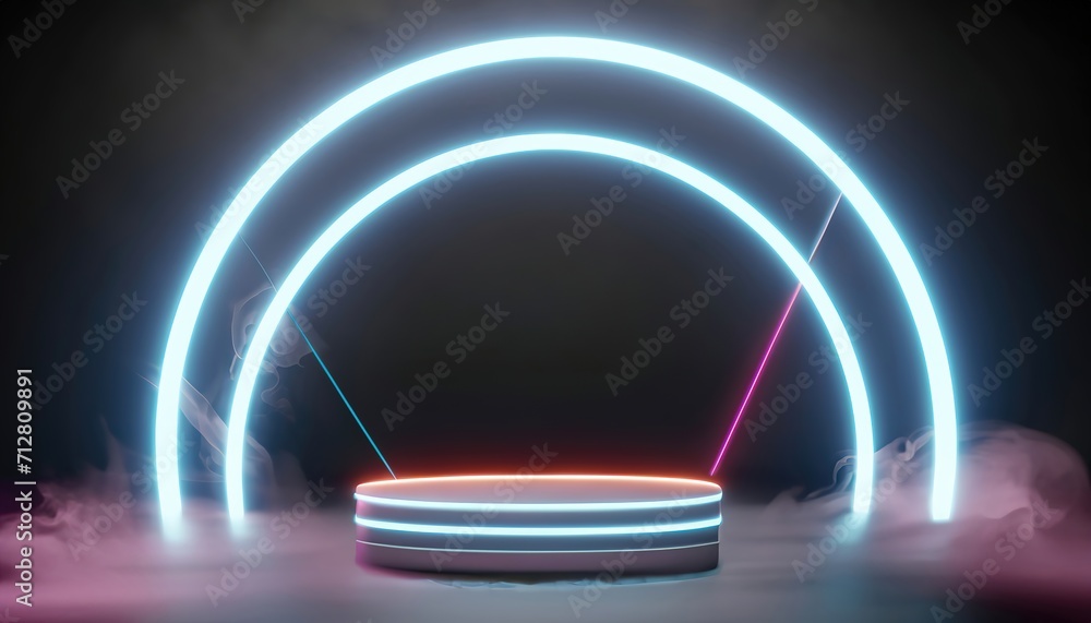 3d render circle three podiums with circle blue neon light on black background with smoke.ai generated 3d render circle three podiums with circle blue neon light on black background with smoke.ai generated