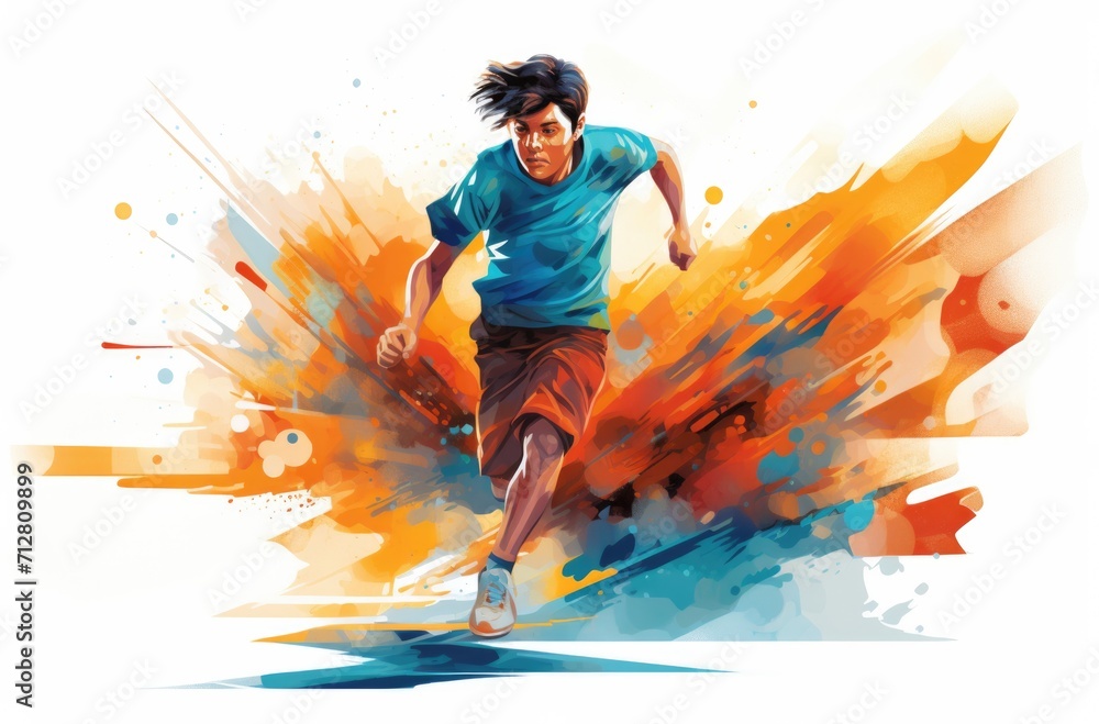 running boy with colorful abstract graphics, in the style of dark orange and light blue