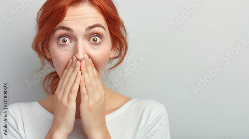 Shocked woman covering her mouth with hands isolated on gray background with copy space, tries keep silence.