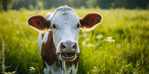 Cow in the green meadow in beautiful sunshine, copy space, open mouth, funny animal banner.