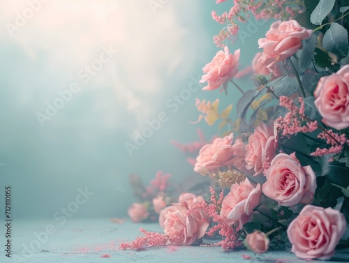 Soft Floral Elegance with Pink Roses in a Dreamy Blue Haze Atmosphere