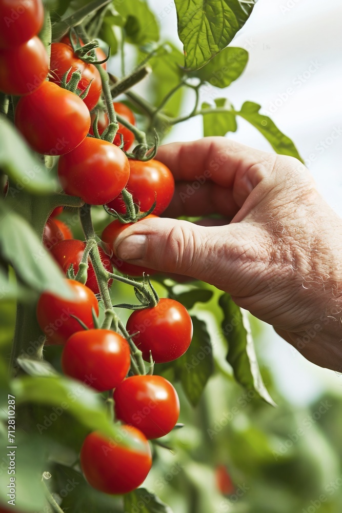 Close up image of hand picking fresh ripe cherry tomatoes in greenhouse