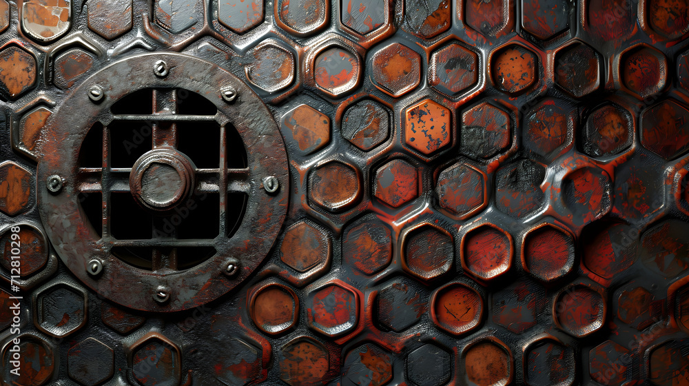 A weathered iron grate frames a circular window on a rusted metal surface, evoking a sense of symmetry and abstract beauty within the gritty industrial building