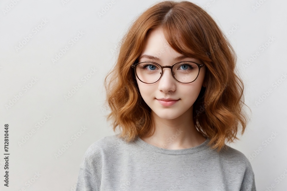 A cute ginger girl wearing casual clothes and glasses, standing and looking at the camera, isolated on a white background. A cute ginger girl wearing casual clothes and glasses, standing and looking at the camera, isolated on a white background.