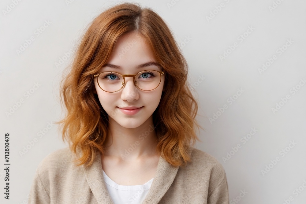 A cute ginger girl wearing casual clothes and glasses, standing and looking at the camera, isolated on a white background.