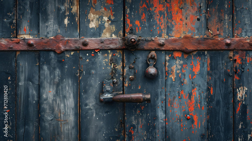 A weathered wooden door stands guard, its rusted handle and metal latch hinting at a forgotten past photo