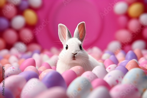 An adorable rabbit surrounded by a spectrum of Easter eggs