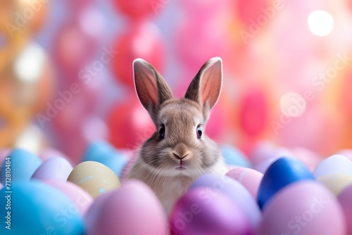 An adorable rabbit surrounded by a spectrum of Easter eggs © JD