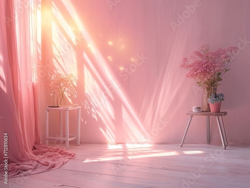 Romantic Pink Hued Room with Sunlight Streaming Through Sheer Curtains photo