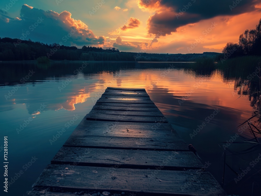 Fototapeta premium Twilight Serenity: Wooden Pier Leading into a Calm Lake under a Radiant Sunset Sky