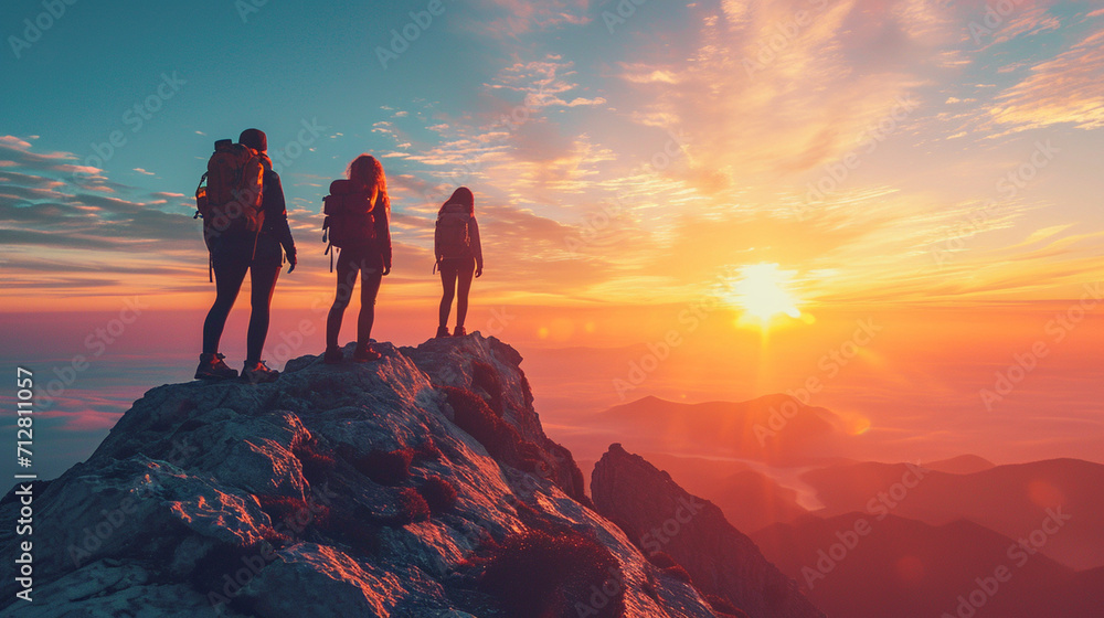 Silhouettes of women standing on a mountain peak, overlooking a sunrise, symbolizing the achievements and heights women can reach.