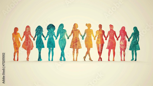 A diverse group of women standing together, holding hands and forming the shape of a globe, symbolizing global unity and empowerment.