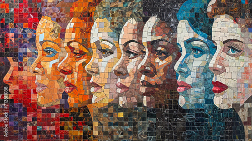 Portraits of influential women throughout history, blending into a mosaic that tells the story of women's progress. photo