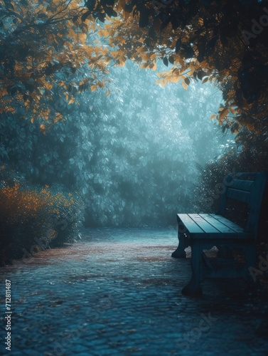 Solitary Wooden Bench on a Cobblestone Path in a Misty Blue Autumn Forest  a Serene and Mysterious Scene