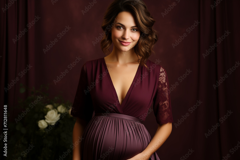 Pregnant Woman, Happy Expectant Mother with Purple Colors on Women's Day, Maternity Studio Photography with Excitement and Happiness