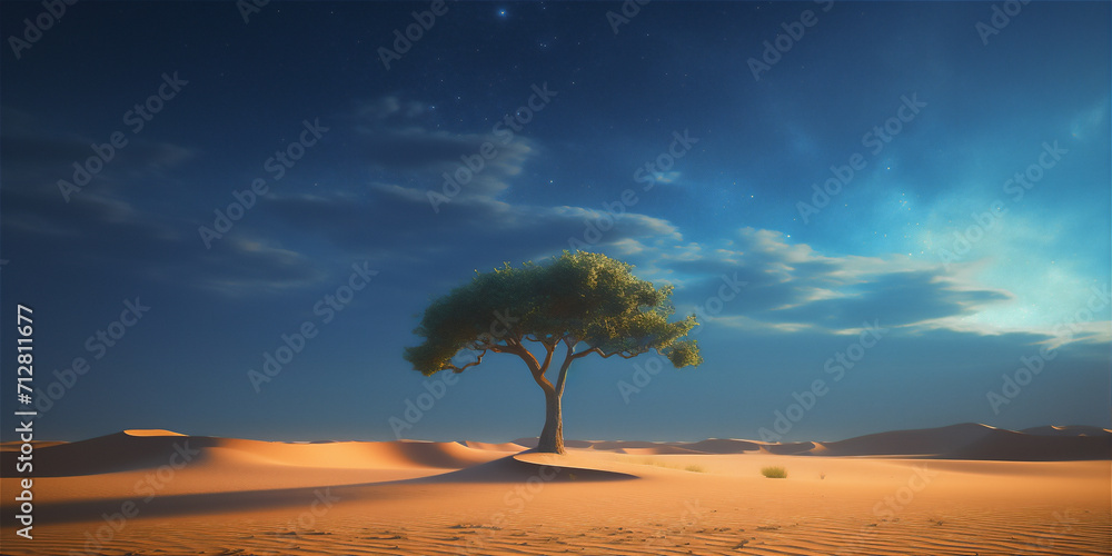 tree in desert at blue sky night 
