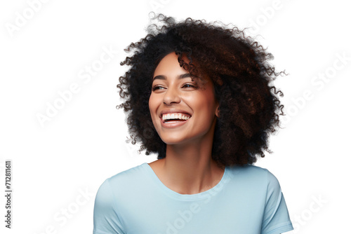 Portrait of a smiling African American woman with afro hair, isolated on white background photo