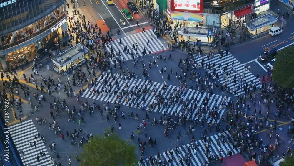 Shibuya crossing with people, time lapse aerial view, Tokyo, Japan