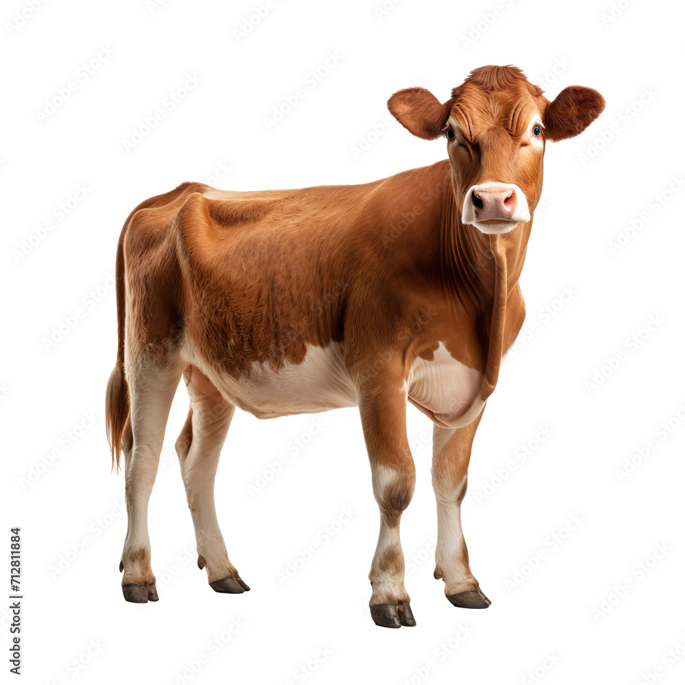 Full body portrait of a brown cow isolated on white background