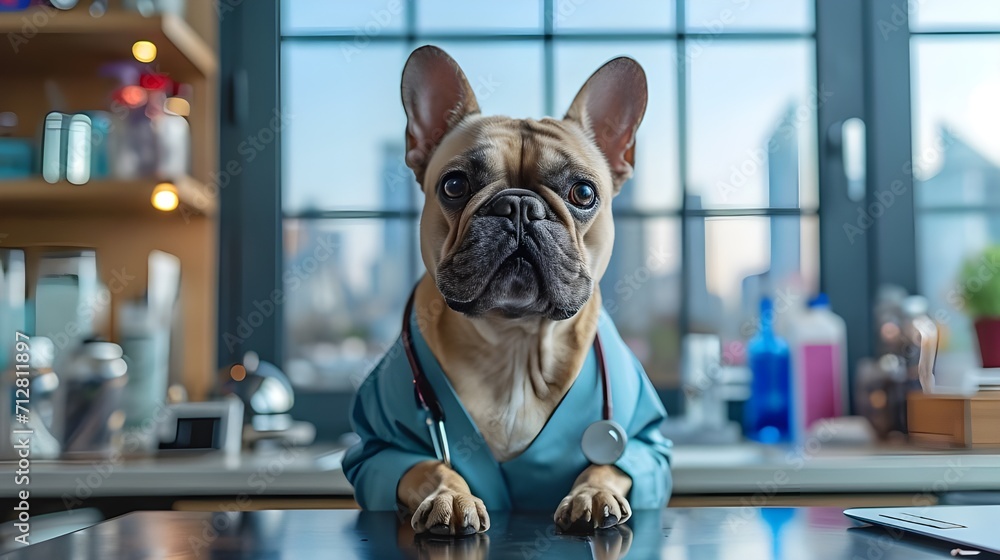 Funny dog dressed up as a veterinarian doctor costume, French bulldog professional vet doctor is ready for medical examination