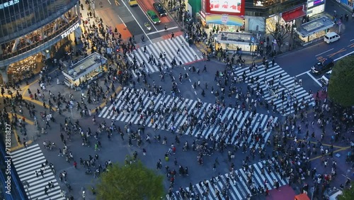 Shibuya crossing with people, time lapse aerial view, Tokyo, Japan photo