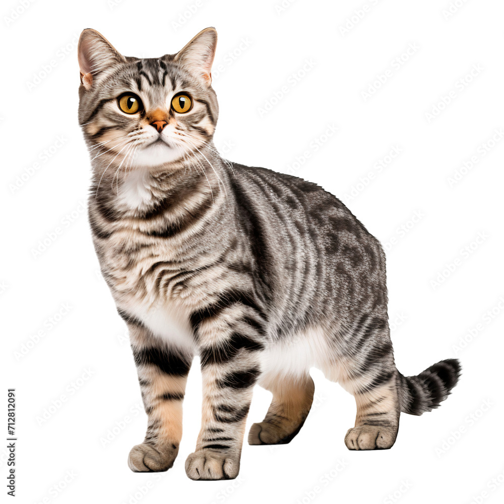 Full body portrait of a cute tabby cat isolated on white background
