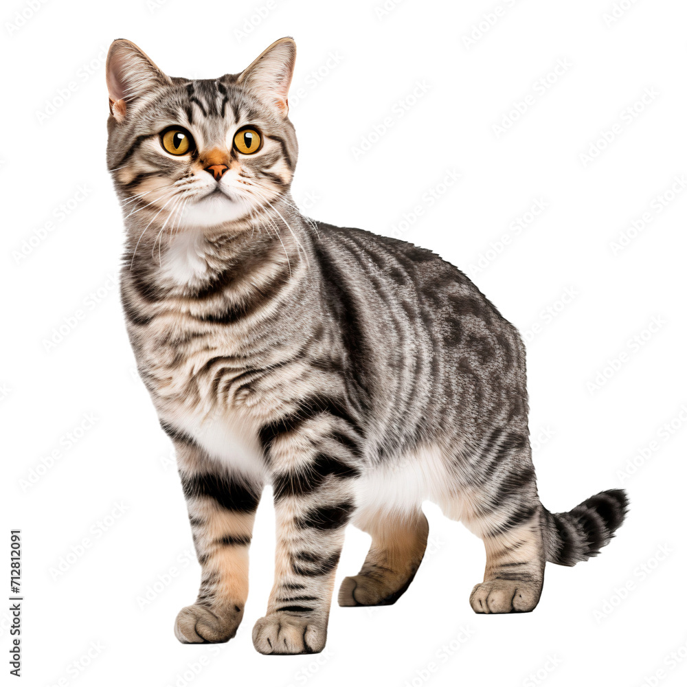 Obraz premium Full body portrait of a cute tabby cat isolated on white background