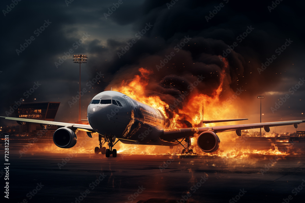 After an aircraft crash passengers, aircraft burns at airport due to an explosion AI Generation