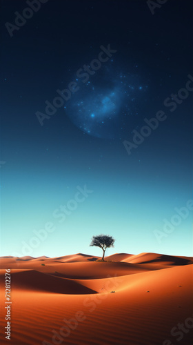 tree in desert at blue sky night 