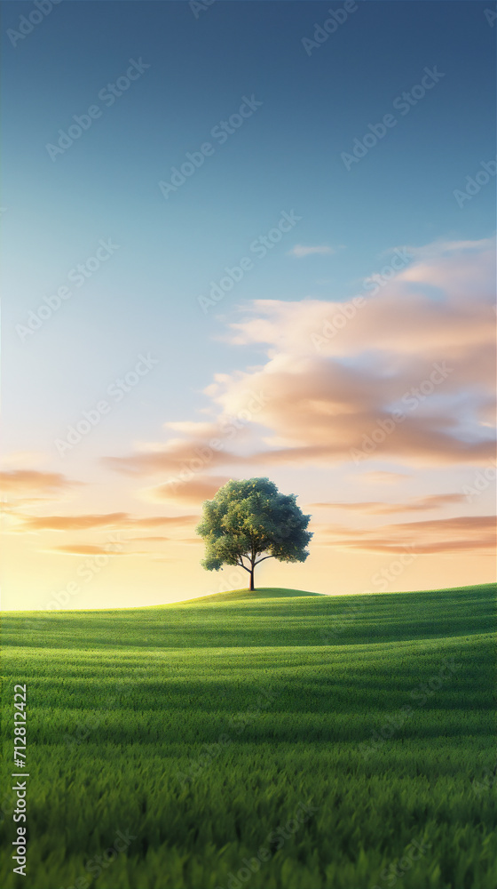 tree in the grass field in sunset