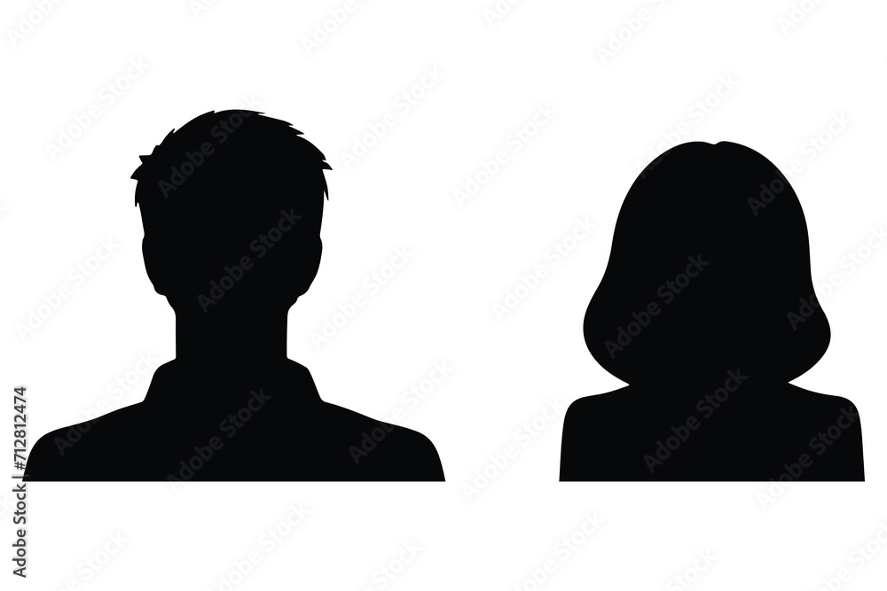 A vector illustration depicting male and female face silhouettes or icons, serving as avatars or profiles for unknown or anonymous individuals. The illustration portrays a man and a woman portrait. - obrazy, fototapety, plakaty 