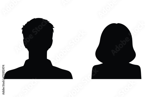 A vector illustration depicting male and female face silhouettes or icons, serving as avatars or profiles for unknown or anonymous individuals. The illustration portrays a man and a woman portrait. photo