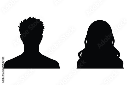 A vector illustration depicting male and female face silhouettes or icons, serving as avatars or profiles for unknown or anonymous individuals. The illustration portrays a man and a woman portrait.