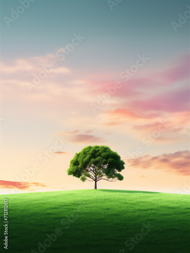 tree in the grass field in sunset