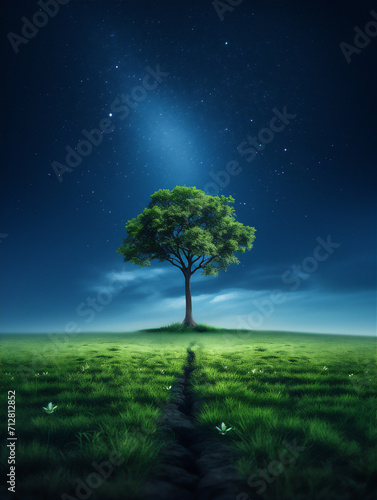 tree in the grass field in the night © Maizal