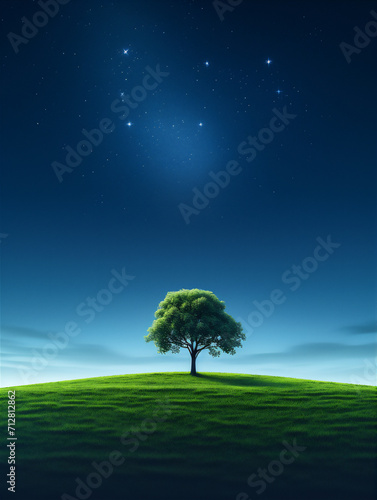 tree in the grass field in the night